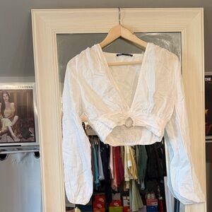 Zara White Cropped Tie-Front Blouse with Ring Detail